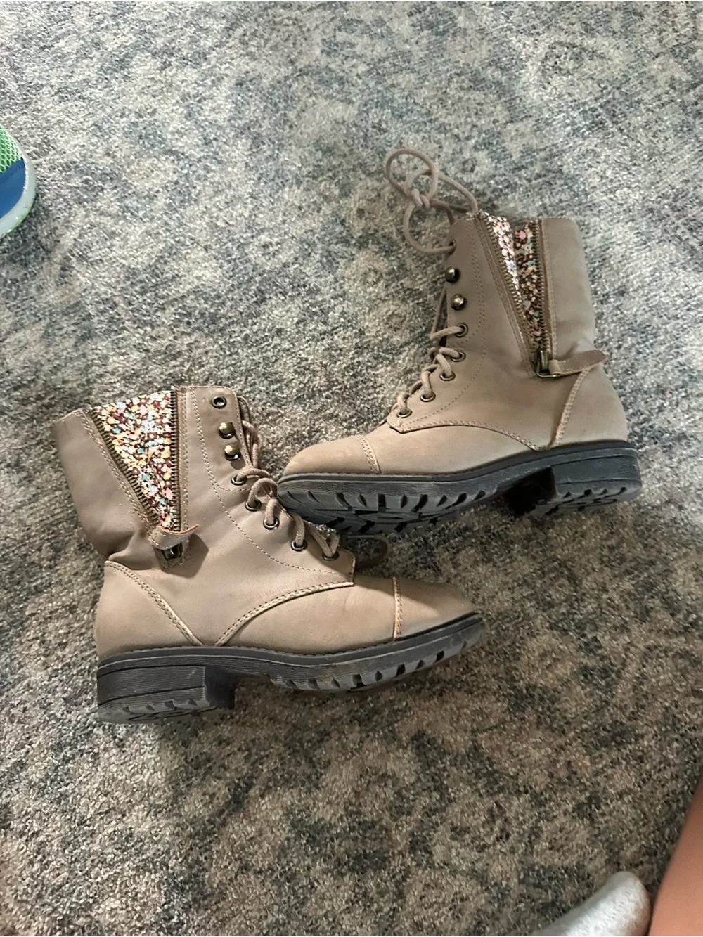 Sonoma Taupe Lace-Up Combat Boots with Multicolor Sequin Cuff